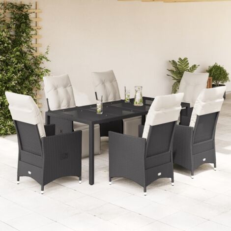 Ensemble Jardin 7 Pièces Noir avec Coussins - Table Verre Trempé 190x90cm + 6 Fauteuils Inclinables en Résine Tressée (1/5)