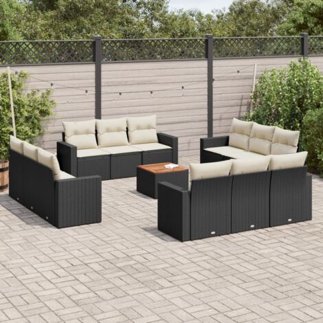 Salon de Jardin Modulaire 8+4 Places Noir Résine Tressée avec Coussins, Table Acacia et Housse Amovible - Ensemble Complet de 13 Pièces (1/3)