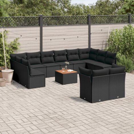 [Canapé de Jardin Modular] [13 Pièces] [Noir Résine Tressée/Acacia] [Avec Coussins et Rangement] Salon Jardin Design (1/5)
