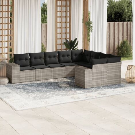Canapé d'extérieur modulaire 9 pièces en résine tressée gris clair, 2 angle + 5 central + 2 avec accoudoirs, rangement, coussins gris foncé lavables (1/3)