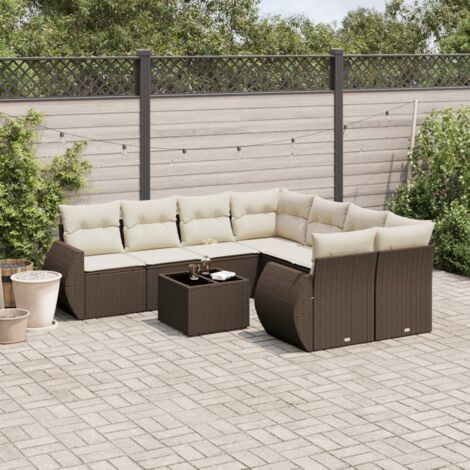 Ensemble de salon de jardin en résine tressée marron avec coussins - 9 pièces incluant canapés modulaires, table et coussins blancs, rangement intégré (1/3)