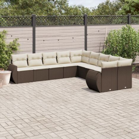 Salon de jardin modulaire 10 pièces en résine tressée marron avec coussins blanc crème, sièges avec rangement (1/3)