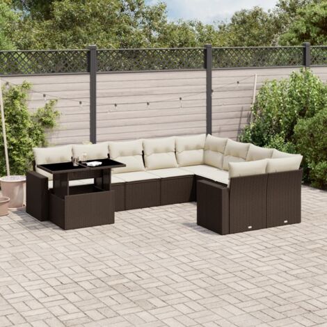 Ensemble de Jardin 10 Pièces en Résine Tressée Marron avec Coussins et Table à Hauteur Réglable Salon d'Extérieur Modulaire Confortable (1/5)