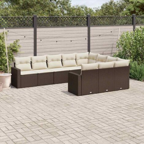 Ensemble Salon Jardin 10 pièces Résine Tressée Marron Coussins Crème - 2 Fauteuils d'Angle, 6 Sièges Centraux, 2 Canapés Accoudoirs (1/5)