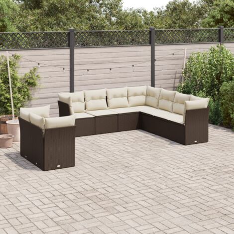 Canapé modulable résine tressée marron 9 places - Ensemble salon de jardin 9 pièces avec rangement et coussins (résine synthétique, acier, coussins blanc crème amovibles) (1/3)