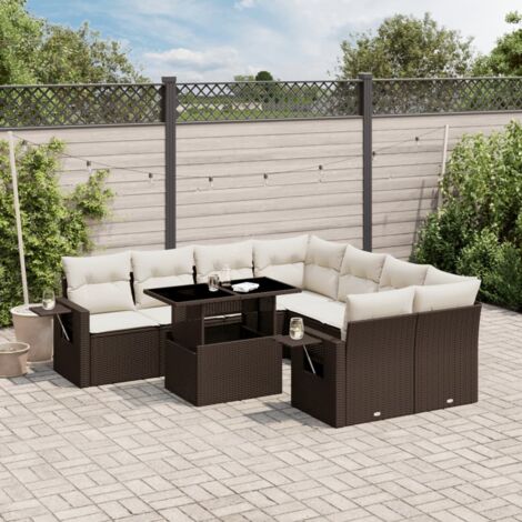 Salon de Jardin en Résine Tressée Marron avec Table Réglable et 8 Coussins Crème - Ensemble 9 Pièces (1/5)