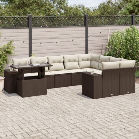 Salon de jardin en résine tressée marron, 10 pièces avec table et coussins crème (1/5)
