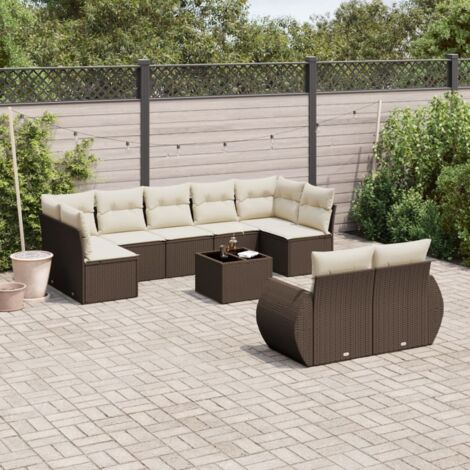 Canapé de Jardin Résine Tressée Marron 10 Pièces avec Coussins (1/5)