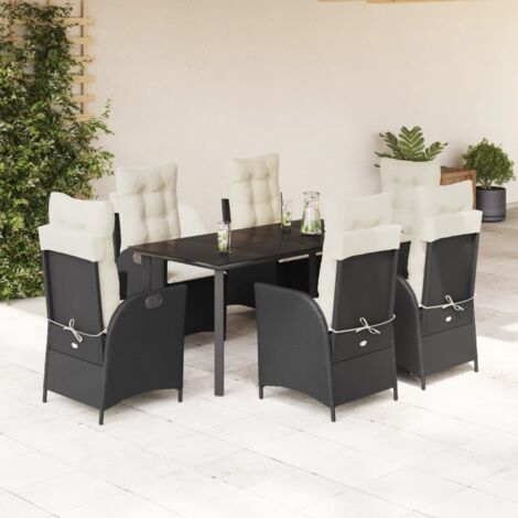 Ensemble de Jardin 7 Places en Résine Tressée Noir avec Coussins Crème - Table Verre Trempé 160x80 cm (1/5)