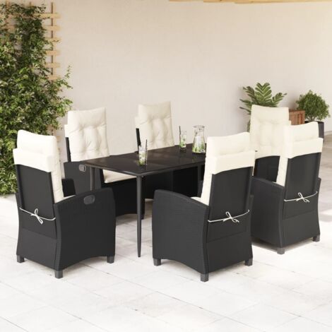 Ensemble de jardin 7pcs noir résine tressée avec table verre trempé, chaises inclinables et coussins lavables (1/5)
