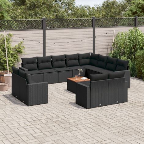 Salon de Jardin 13 Pièces en Résine Tressée Noir avec Coussins Amovibles - Table Acacia et Structure Modulaire Meuble d'Extérieur Durable (1/3)