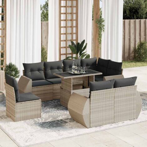 Ensemble salon de jardin 9 places en résine tressée gris clair avec table et coussins amovibles (1/5)