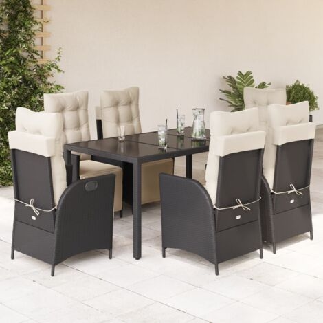 Ensemble Jardin 7 Pièces avec Coussins, Table en Verre Trempé et Chaises Inclinables en Résine Tressée Noir (1/5)
