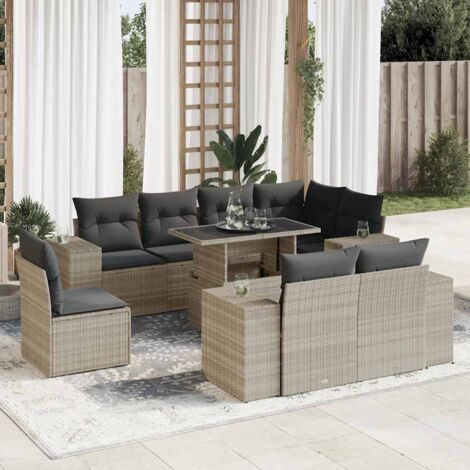 Ensemble de jardin modulaire 9 pièces en résine tressée gris clair avec table à hauteur réglable et coussins lavables - Table 100cm, sièges avec rangement, résistant aux UV (1/5)
