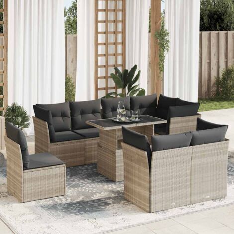 Ensemble Salon Jardin 9 Pièces Gris Résine Tressée avec Coussins, Table Réglable et Rangement, Acier Enduit Poudre (1/5)