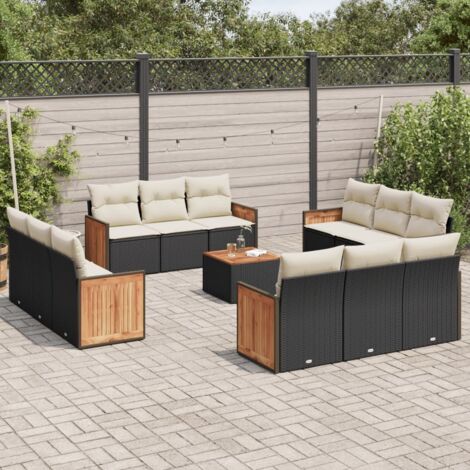 Ensemble de Jardin 13 Pièces Noir Résine Tressée avec Coussins Crème, Table Acacia (1/5)