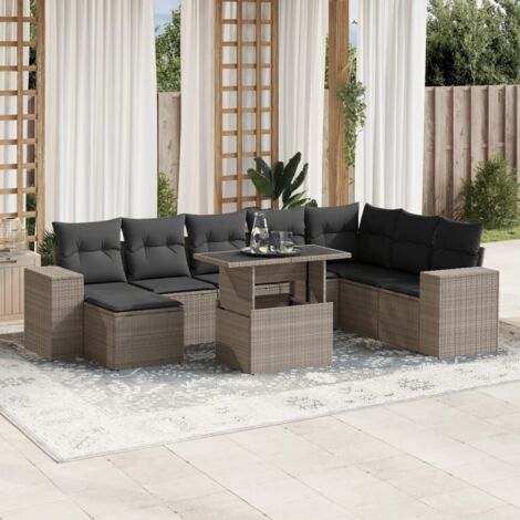 Ensemble salon de jardin 9 pièces avec coussins gris clair en résine tressée - Canapé d'angle, central, avec accoudoirs, repose-pieds et table ajustable (1/5)