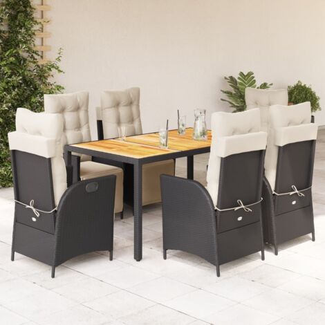 Ensemble de jardin 7 places noir avec table bois acacia 150 cm et 6 fauteuils inclinables poly rotin – coussins amovibles crème (1/5)