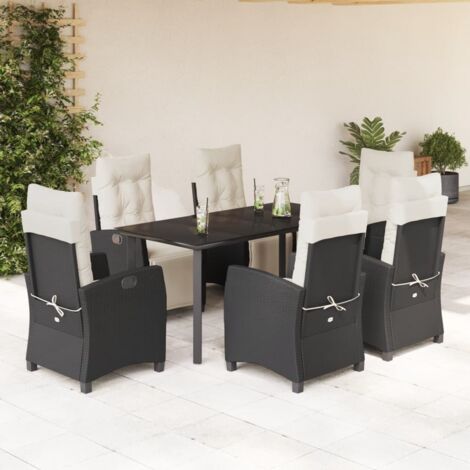 Ensemble Jardin 7 Places avec Coussins Résine Tressée Noir - Table Verre Trempé + 6 Fauteuils Relax (1/5)