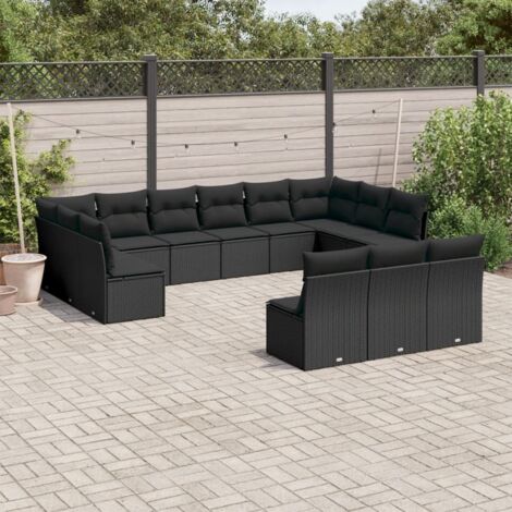 Lot de salon de jardin 13 places noir en résine tressée avec coussins modulables et housses lavables - Structure en acier et sièges confortables (1/3)