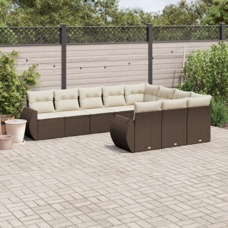 Salon de jardin modulaire en résine tressée marron, 10 pièces avec coussins crème amovibles et rangement intégré (1/3)