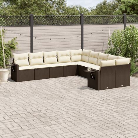 Ensemble de jardin modulaire 10 places en résine tressée marron avec coussins blancs et rangement intégré (1/3)