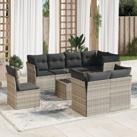 Ensemble Salon de Jardin 9 Places en Résine Tressée avec Coussins Gris Clair - Modulaire, Verre Trempé, 8 Sièges, 1 Table (3 Sièges Centraux + 5 Sièges d'Angle) (1/3)