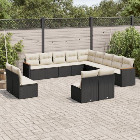 Ensemble modulaire salon jardin 13 places noir résine tressée - Canapés d'angle, centraux et avec accoudoirs + coussins crème (1/5)