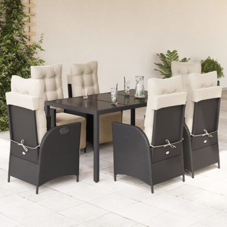 Ensemble de Jardin 7 Pièces Noir avec Coussins - Résine Tressée, Table Verre, 6 Fauteuils Inclinables, 190x90cm (1/5)