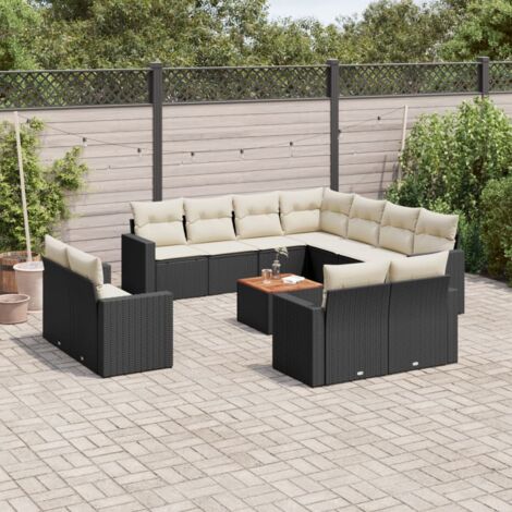 Salon de Jardin 13 Pièces en Résine Tressée Noire avec Table Acacia et Coussins Crème (1/3)