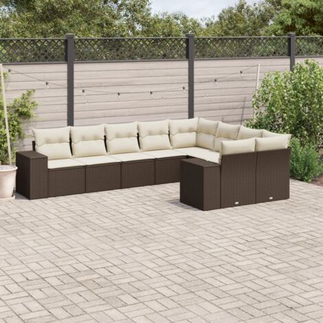 Canapé de jardin modulaire avec rangement, 9 pièces marron résine tressée, 55x55cm, sièges d'angle et d'accoudoir, coussins crème amovibles (1/3)
