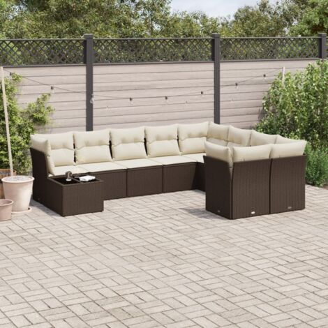 Ensemble Salon Jardin 10 Pièces Résine Tressée Marron avec Coussins Crème (1/5)