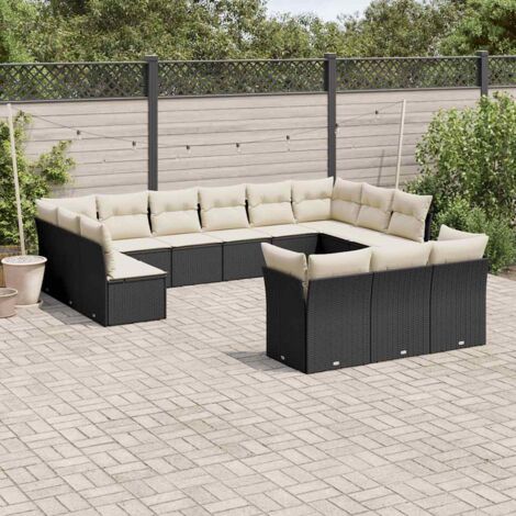 Ensemble Salon Jardin Modulaire 13 Places Noir Résine Tressée - Canapés d'Angle et Centraux avec Sièges Rangement, Coussins Dossier et Siège Crème (1/3)