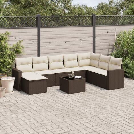 Ensemble de Jardin Modulaire 9 Pièces en Résine Tressée Marron avec Coussins Blanc Crème, Table en Verre Trempé, Fonction Rangement et Pieds Réglables, Dimensions 55x55-69cm (1/3)