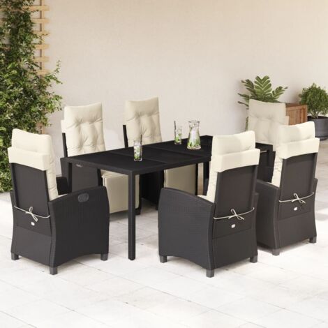 Ensemble de table et chaises de jardin 7 pièces en résine tressée noire avec coussins (1/5)