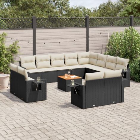 Set de salon de jardin en résine tressée noir 13 pièces avec coussins et table - Aménagement modulaire Housses amovibles (1/5)