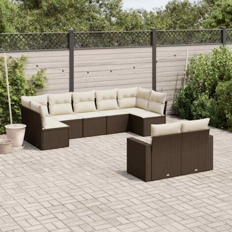Salon de Jardin Modulaire en Résine Tressée 9 Places - 2 Coins, 2 Canapés, 5 Sièges Centraux Marron avec Coussins Blancs Lavables (1/5)