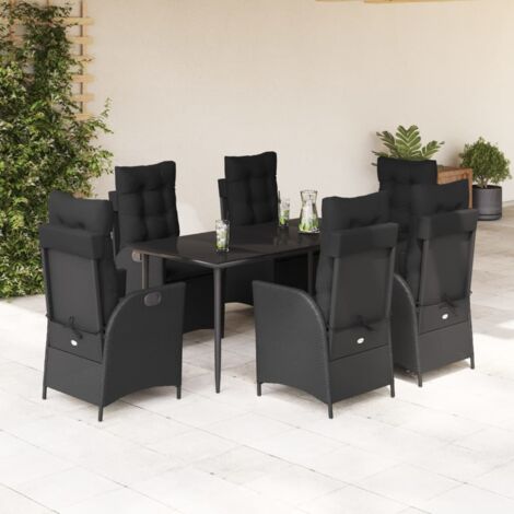 Ensemble de Jardin 7pcs avec Coussins - Table en Verre 160x80cm et 6 Chaises Réglables en Résine Tressée Noir (1/5)