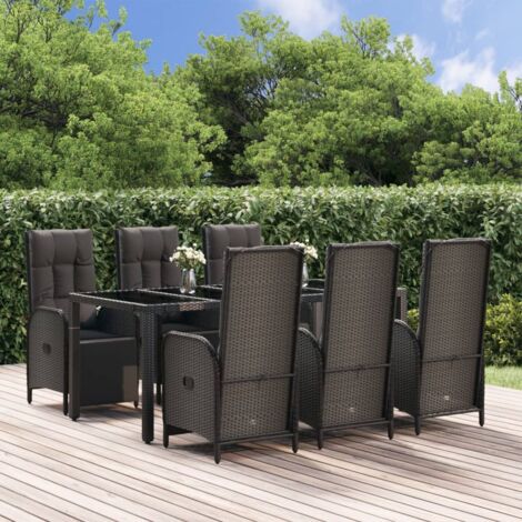 Ensemble Jardin 7 Pièces Noir Résine Tressée Verre Trempé avec Coussins 6 Fauteuils Inclinables et Table 190x90cm (1/5)