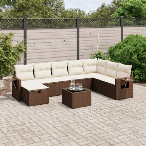Salon de jardin 9 places en résine tressée marron, table verre trempé, coussins lavables, modulaire (8 coussins d'assise, 9 dossiers), assorti complet pour terrasse (1/4)