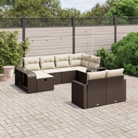Salon de Jardin 10 Pièces en Résine Tressée Marron avec Coussins Crème, Canapé d'Angle, Accoudoirs et Rangement Modulaire (1/4)