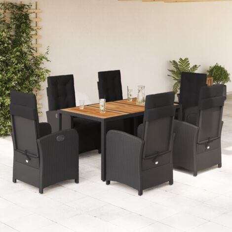 Ensemble Salon de Jardin 7 Pièces Noir Résine Tressée Reclinable avec Coussins Lavables et Plateau Bois d'Acacia Massif (1/5)