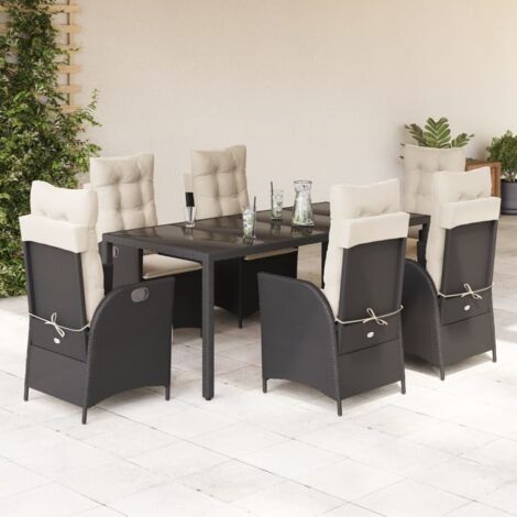 Ensemble de Jardin 7 Pièces avec Coussins Noir Résine Tressée - Table en Verre Trempé 190x90 cm, 6 Fauteuils Inclinables, Charge Max 110kg (1/5)