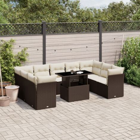 Canapé Jardin 10 Places Marron Résine Tressée - Set avec Table Réglable et Coussins Crème (1/5)