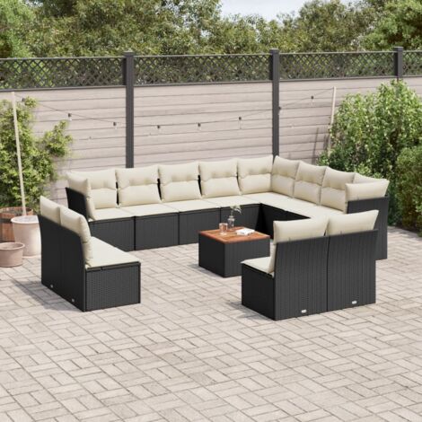 Ensemble Salon de Jardin en Résine Tressée Noir 13 Pièces avec Coussins Crème, Tabourets Modulables et Table en Acacia 3 Coins + 9 Centraux 12x Coussins Siège + 15x Dossiers, Housses Lavables, Range (1/5)