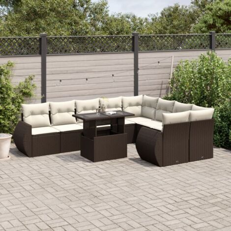 Ensemble Salon de Jardin Modulaire 10 Pièces avec Coussins Crème Table Hauteur Réglable, Résine Tressée Marron pour Terrasse (1/5)