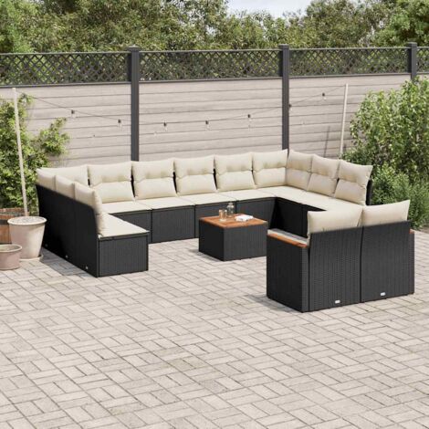 Ensemble modulable Salon de Jardin en Résine Tressée Noir avec Table Acacia et Coussins Lavables, 13 pièces (Dimensions: jusqu'à 62x62x69 cm) (1/3)