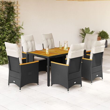 Ensemble de Jardin Noir 7 Places avec Table Acacia et Coussins Crème - Résine Tressée, Dossier Inclinable, Charge 110kg (1/5)