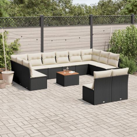 Salon de Jardin 13 Pièces en Résine Tressée Noir avec Coussins - Mobilier Extérieur Modulaire avec Rangement et Table en Acacia (1/5)