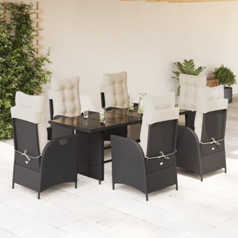 Ensemble de jardin 7 pièces en résine tressée avec coussins amovibles, table en verre trempé et chaises inclinables, couleur Noir (1/5)